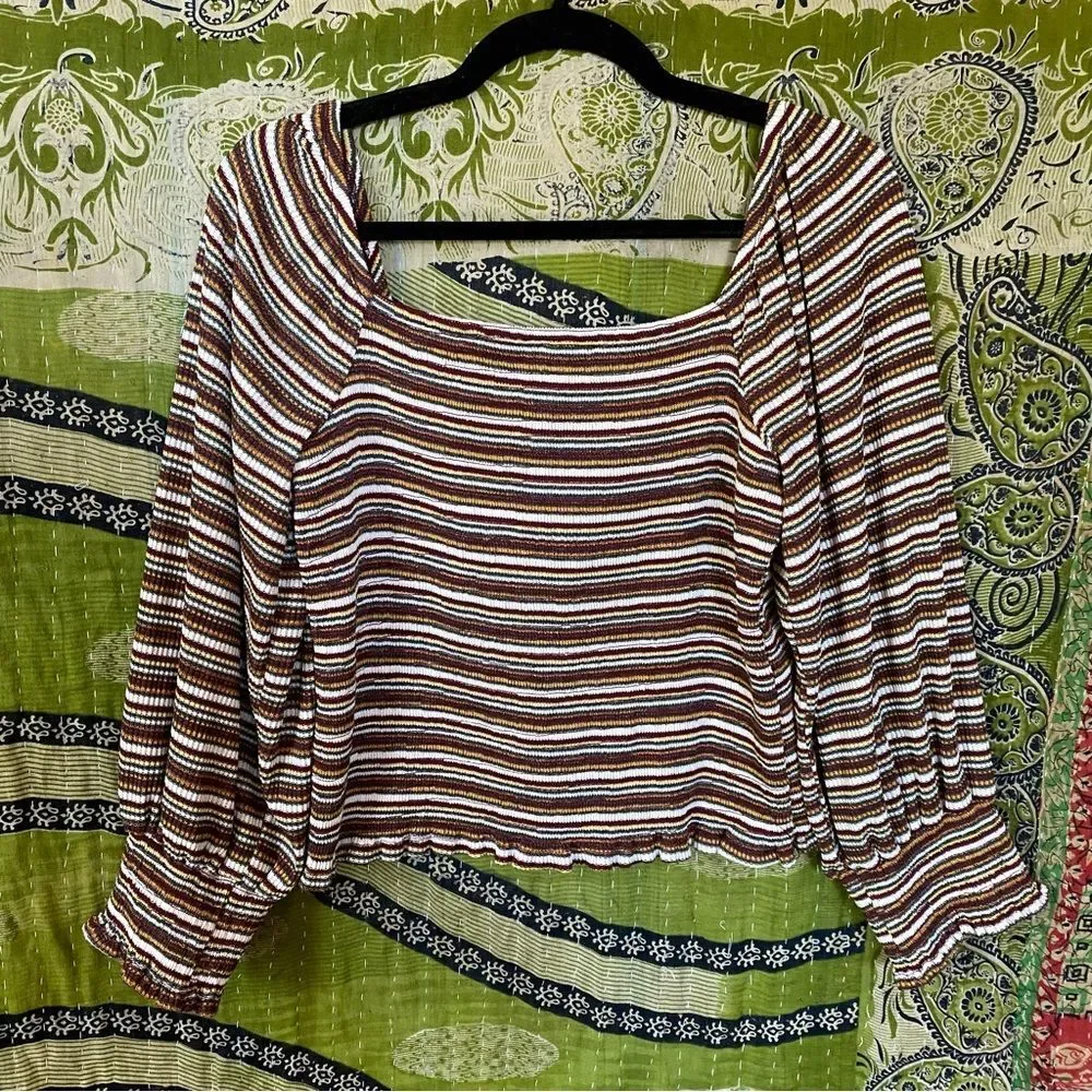 Anthropologie Multicolored Striped Smocked Puff-Sleeved Top Size Large